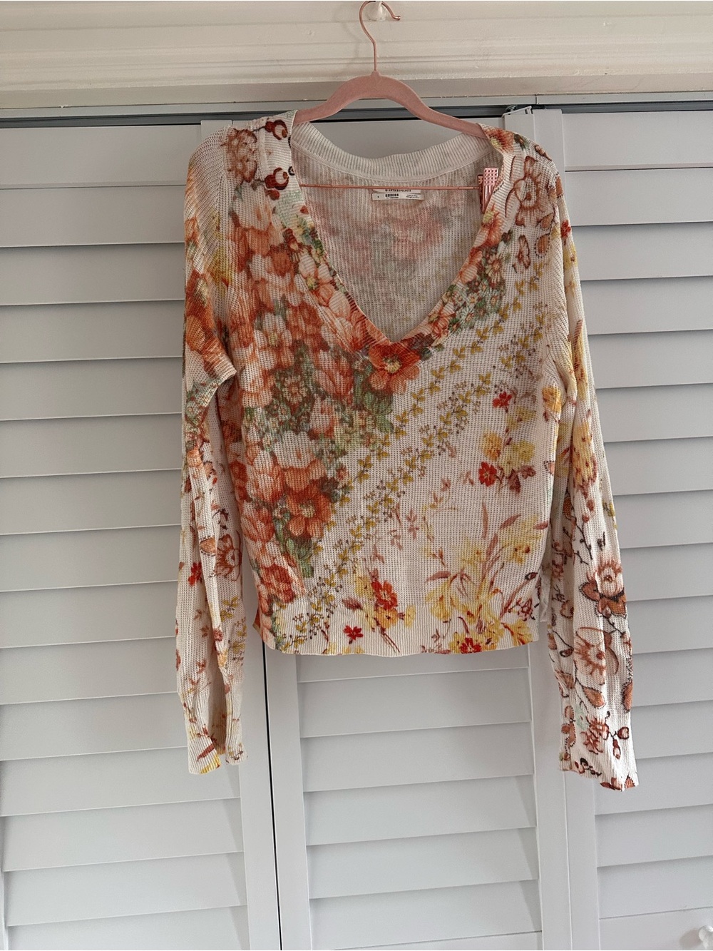 Anthropologie Floral V-Neck Long Sleeve Sweater with Orange & Yellow Blooms